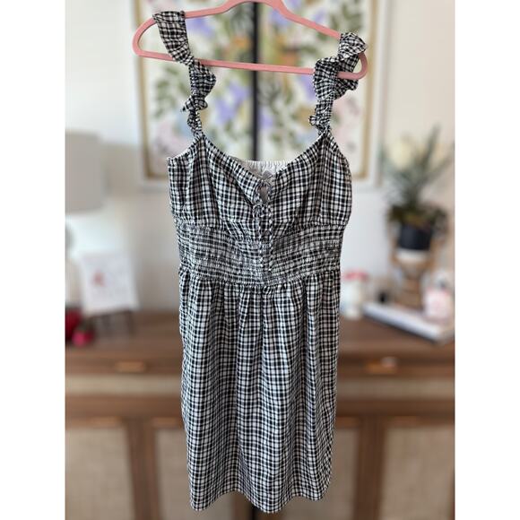 NWT Wayf Smocked Waist Gingham Checkered Ruffle Mini Dress Black Womens Size XL - Picture 1 of 9